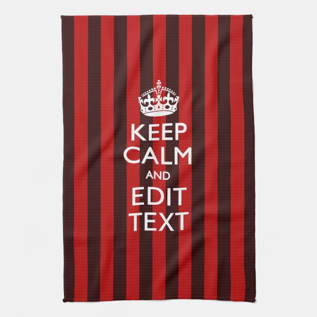 Personalized Keep Calm Your Text on Red Stripes Kitchen Towel (Vertical)