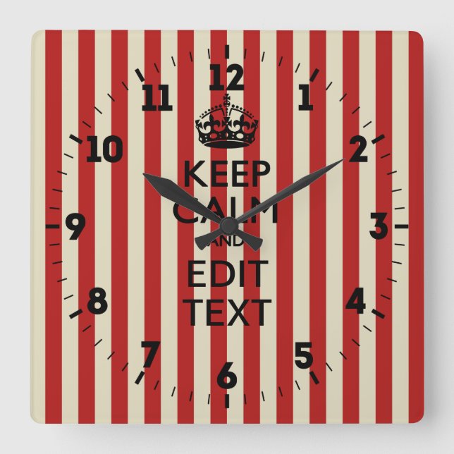 Personalized Keep Calm Your Text Popcorn Stripes Square Wall Clock (Front)