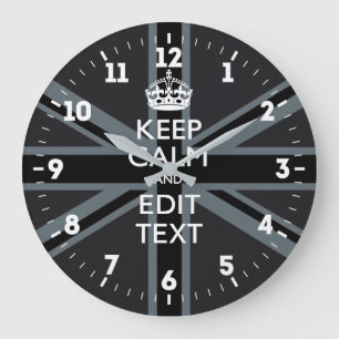 Personalized Keep Calm Your Text UK Flag Black Large Clock