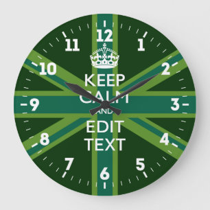 Personalized Keep Calm Your Text UK Flag Green Large Clock