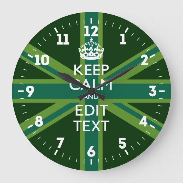 Personalized Keep Calm Your Text UK Flag Green Large Clock (Front)