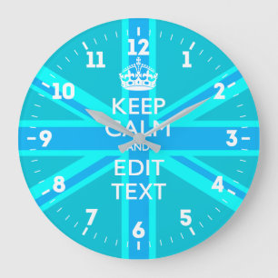Personalized Keep Calm Your Text UK Flag Sky Blue Large Clock