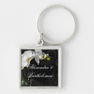 Personalized Keepsake Black & White Orchid Design Keychain