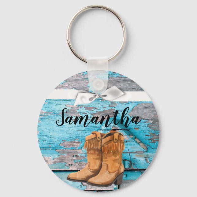 Personalized Key Chain Blue Wood Barn Door Boots C (Front)