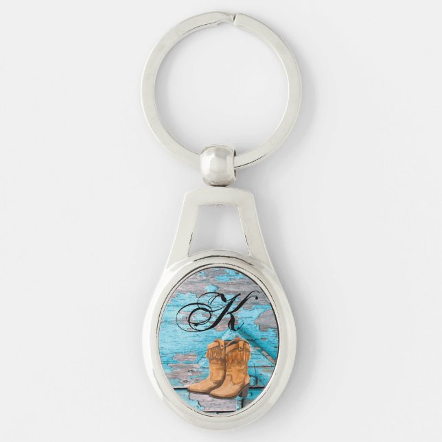 Personalized Key Chain Blue Wood Barn Door Boots C (Front)