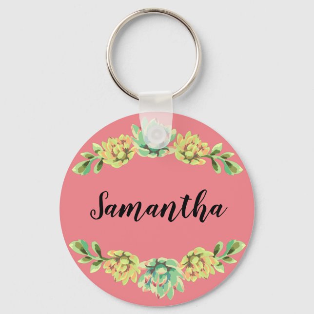 Personalized Key Chain Bohemian Cactus Succulents (Front)