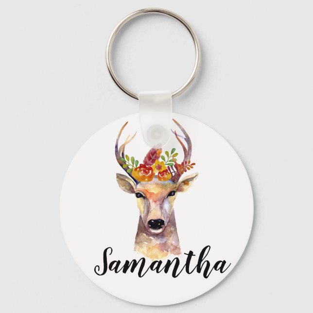 Personalized Key Chain boho deer Buck Head Brownin (Front)