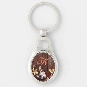 Personalized Key Chain Cotton Branch on Dark Wood