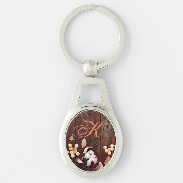 Personalized Key Chain Cotton Branch on Dark Wood (Front)