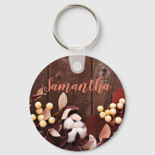 Personalized Key Chain Cotton Branch on Dark Wood
