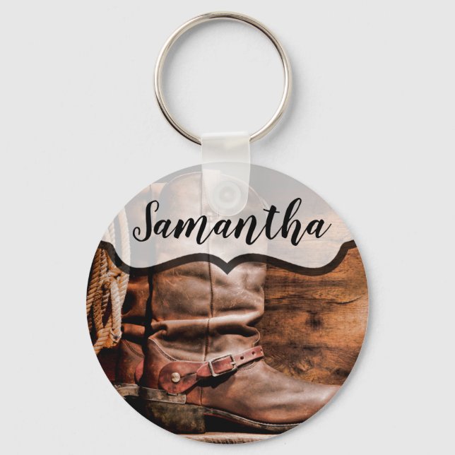 Personalized Key Chain Cowboy Boots Barn Wood Rust (Front)