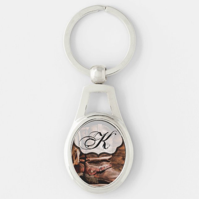 Personalized Key Chain Cowboy Boots Barn Wood Rust (Front)