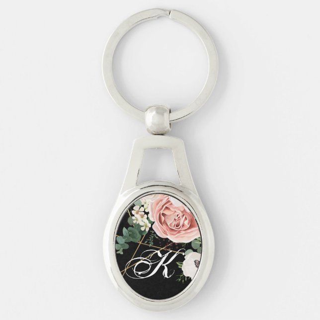 Personalized Key Chain Geometric Garden Rose Black (Front)
