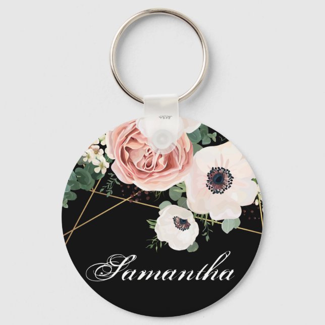 Personalized Key Chain Geometric Garden Rose Black (Front)