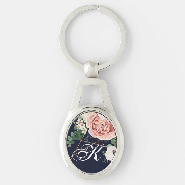 Personalized Key Chain Geometric Garden Rose Navy (Front)