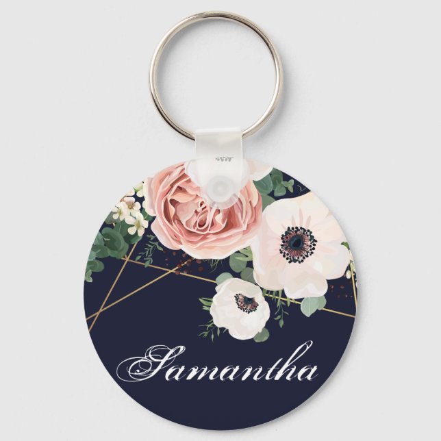 Personalized Key Chain Geometric Garden Rose Navy (Front)