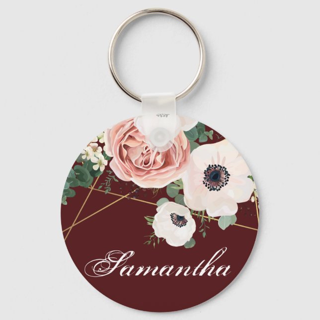 Personalized Key Chain Geometric Garden Rose Wine (Front)