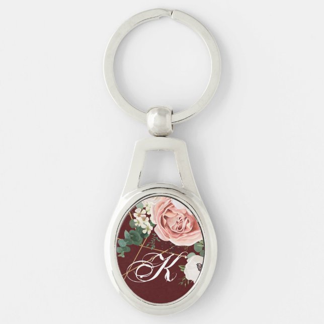 Personalized Key Chain Geometric Garden Rose Wine (Front)