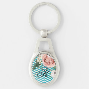 Personalized Key Chain Geometric Rose Chevron Teal