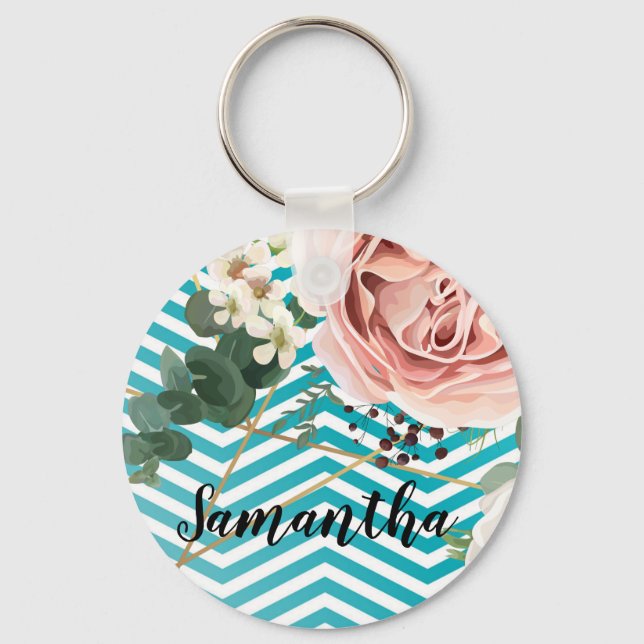 Personalized Key Chain Geometric Rose Chevron Teal (Front)