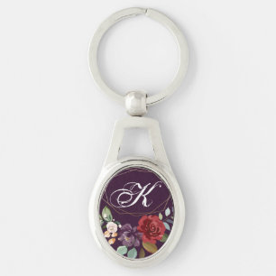 Personalized Key Chain Plum Purple Roses Gold Geom
