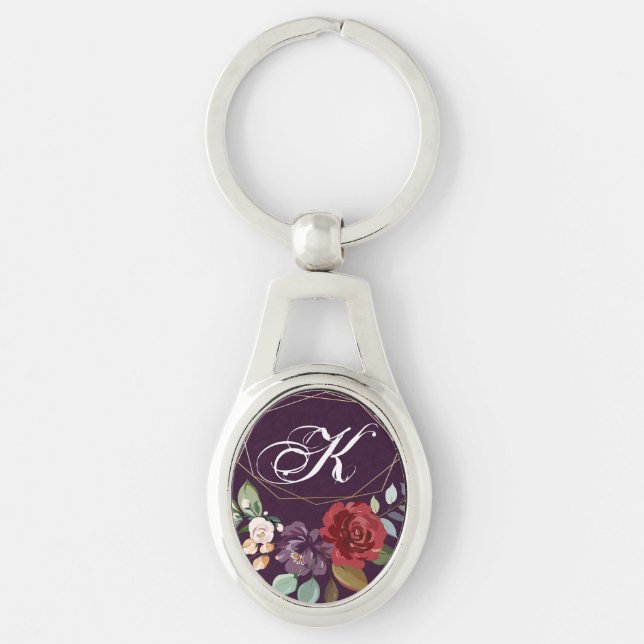 Personalized Key Chain Plum Purple Roses Gold Geom (Front)