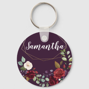 Personalized Key Chain Plum Purple Roses Gold Geom