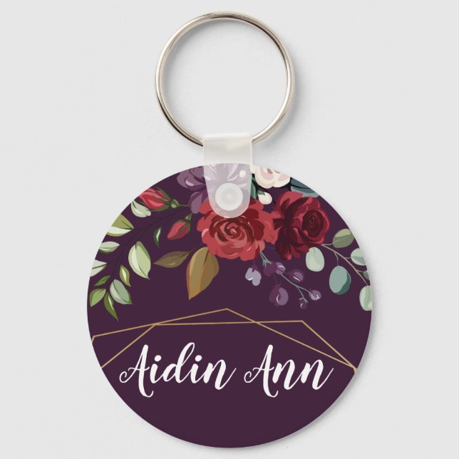 Personalized Key Chain Plum Purple Roses Gold Geom (Front)