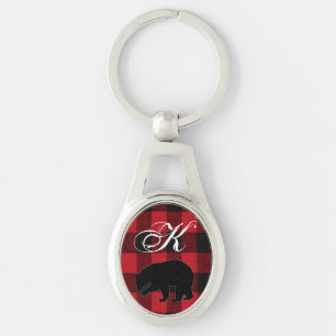 Personalized Key Chain Red Buffalo Plaid Bear Blac
