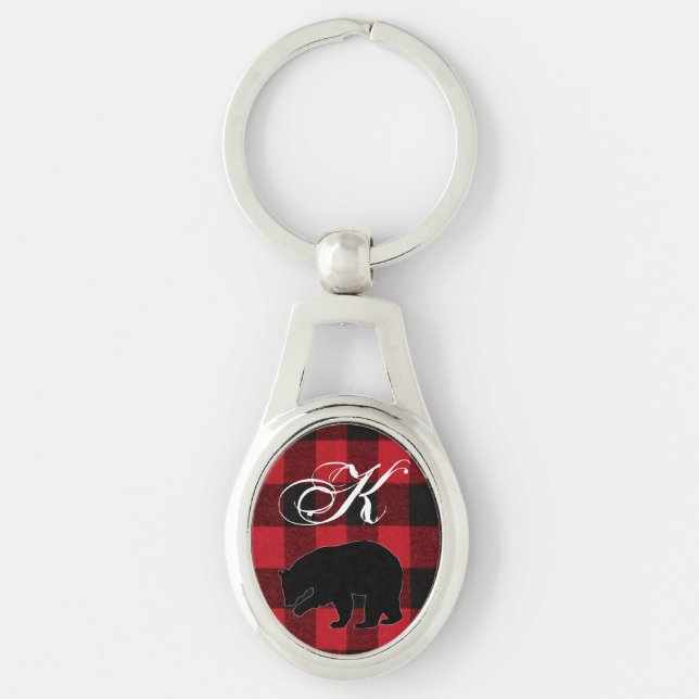 Personalized Key Chain Red Buffalo Plaid Bear Blac (Front)
