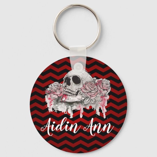 Personalized Key Chain skull Rose Gothic Chevron r (Front)