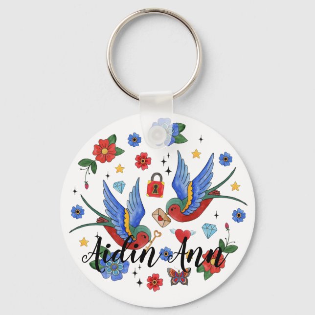 Personalized Key Chain Traditional Bird Tattoo Spa (Front)