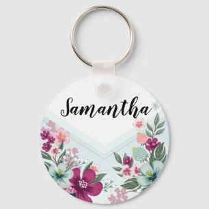 Personalized Key Chain Tropical Flower on Blue Omb