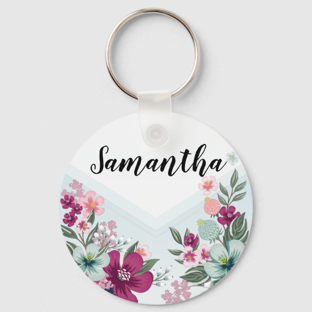 Personalized Key Chain Tropical Flower on Blue Omb (Front)