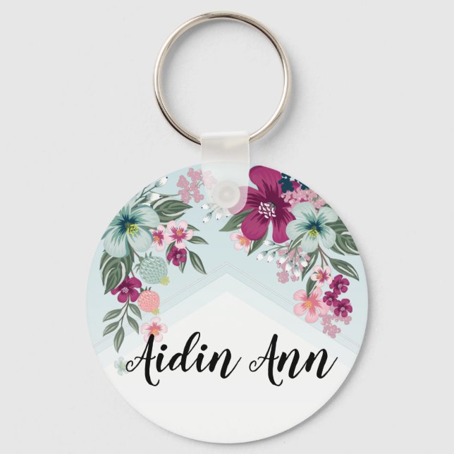 Personalized Key Chain Tropical Flower on Blue Omb (Front)