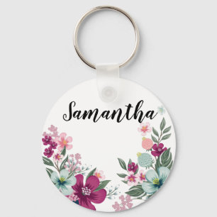 Personalized Key Chain Tropical Flowers on White
