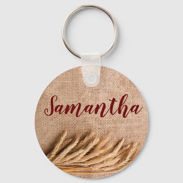 Personalized Key Chain Wheat on Burlap Sack Countr (Front)