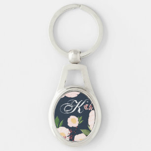 Personalized Key Chain White Floral Flowers on Dar