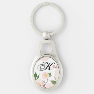 Personalized Key Chain White Floral Flowers on Whi