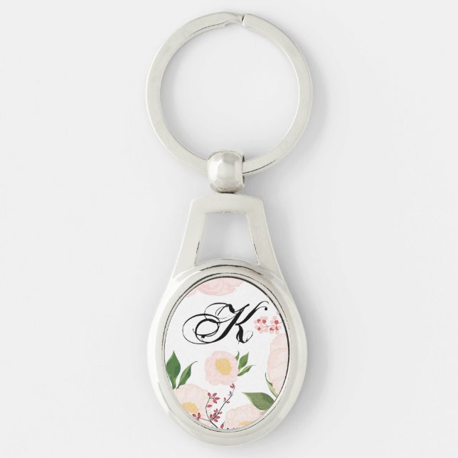 Personalized Key Chain White Floral Flowers on Whi (Front)