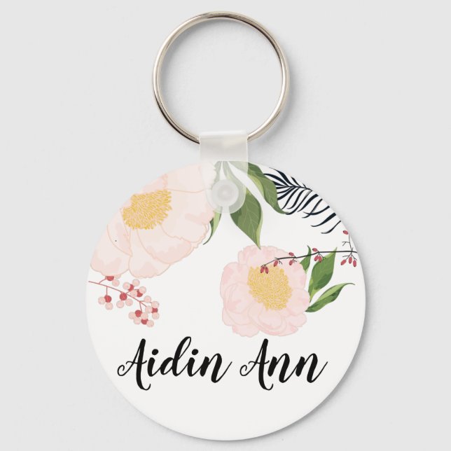 Personalized Key Chain White Floral Flowers on Whi (Front)