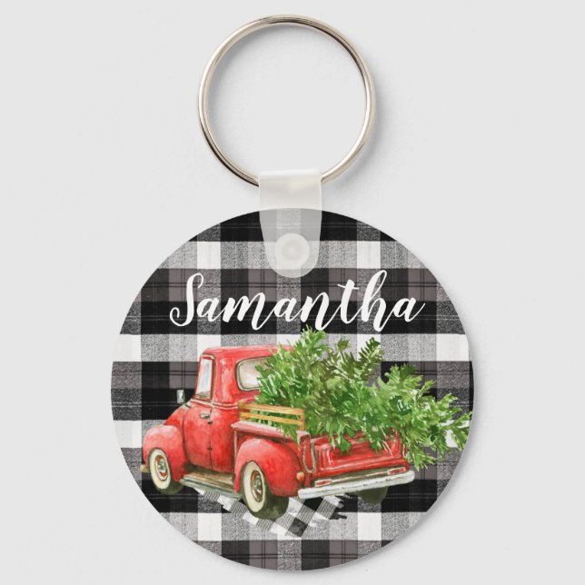 Personalized Key Chain XMAS Truck Baffalo Plaid Bl (Front)