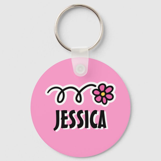 Personalized keychain for girl | Pink daisy flower (Front)