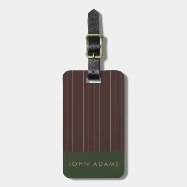 Personalized Khaki Brown Gold Stripe Manly Luggage Tag (Front Vertical)