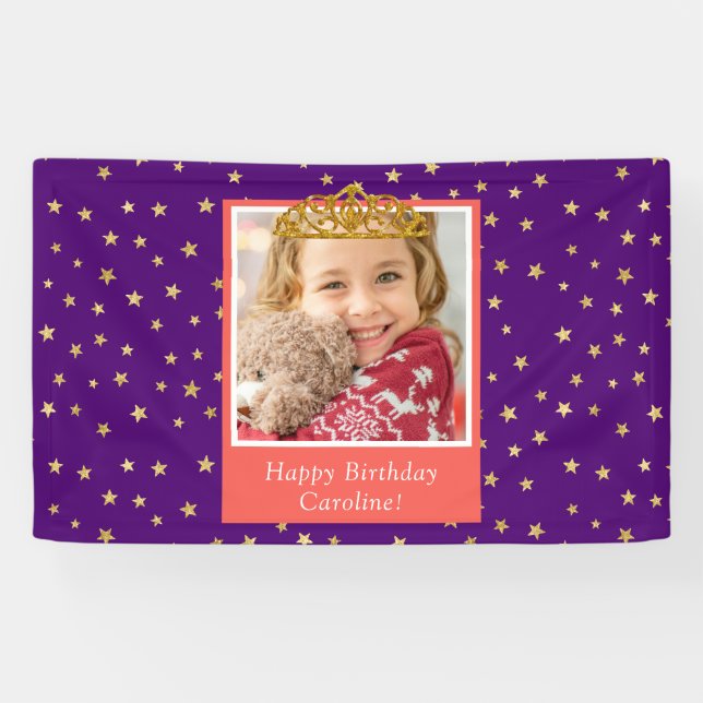 Personalized Kid Photo Happy Birthday Gold Crown Banner (Horizontal)