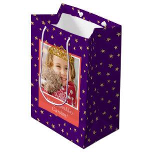 Personalized Kid Photo Happy Birthday Gold Crown Medium Gift Bag