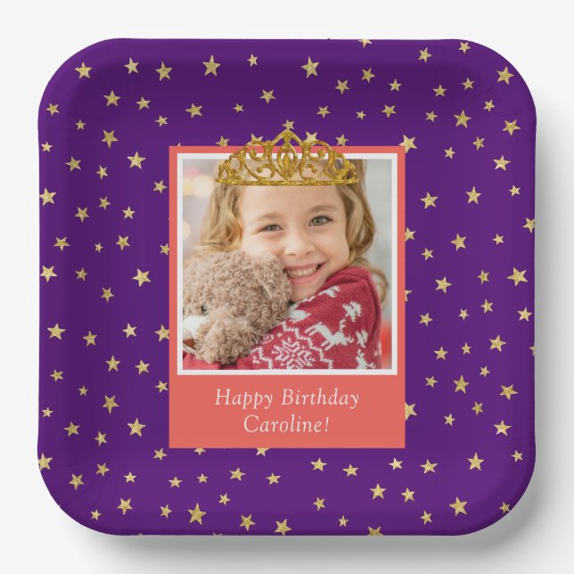 Personalized Kid Photo Happy Birthday Gold Crown Paper Plate (Front)