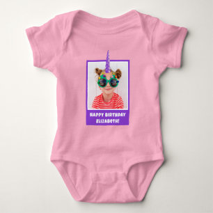 Personalized Kid Photo Happy Birthday Unicorn Baby Bodysuit