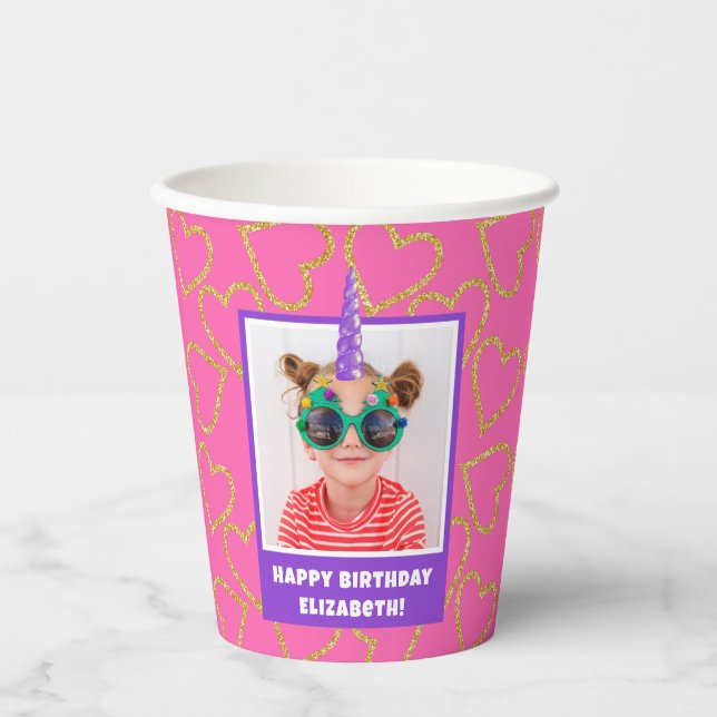 Personalized Kid Photo Happy Birthday Unicorn Paper Cups (Front)