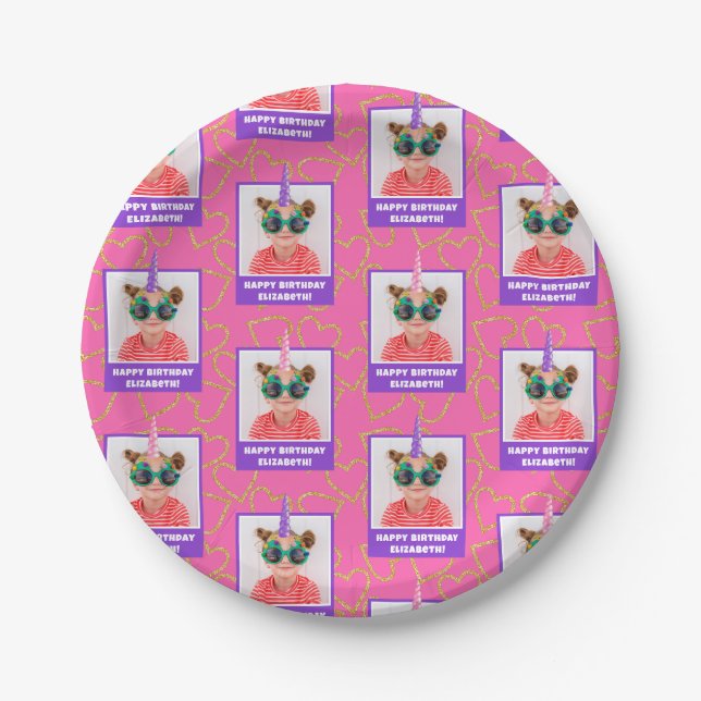 Personalized Kid Photo Happy Birthday Unicorn Paper Plate (Front)